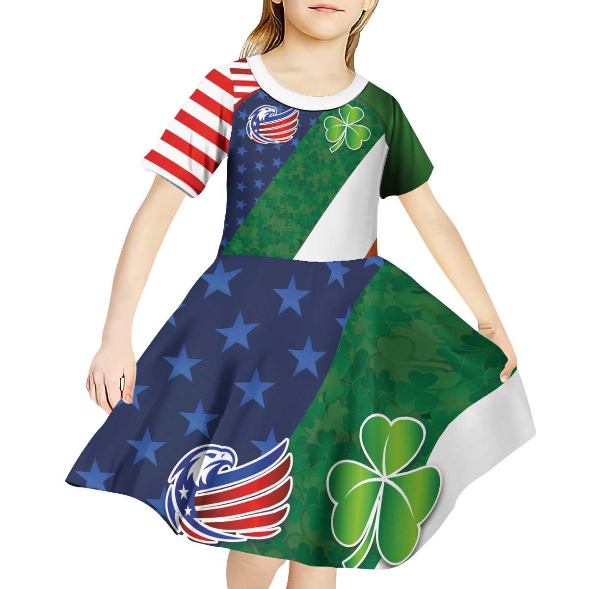 Custom Ireland and United States Kid Short Sleeve Dress Shamrocks and American Flag Style