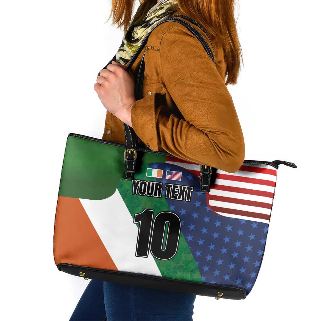 Custom Ireland and United States Leather Tote Bag Shamrocks and American Flag Style