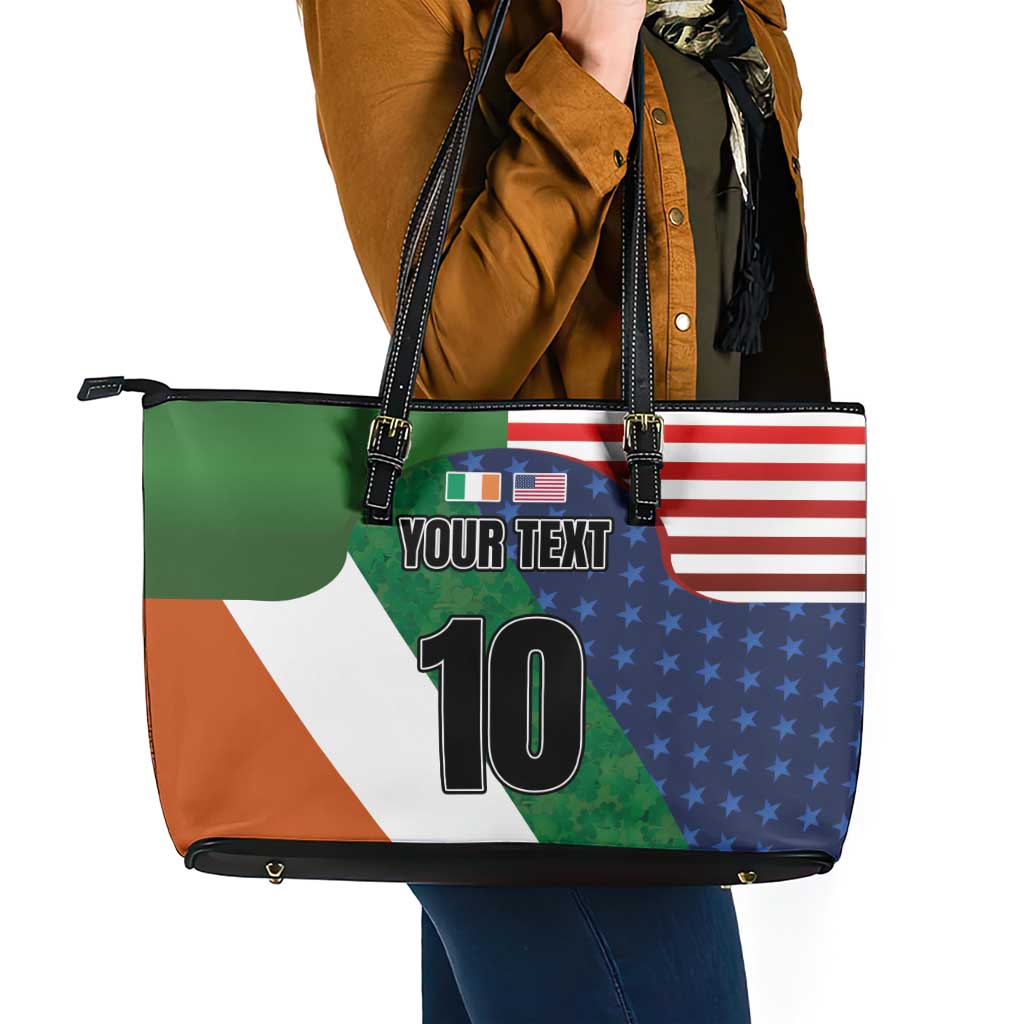Custom Ireland and United States Leather Tote Bag Shamrocks and American Flag Style