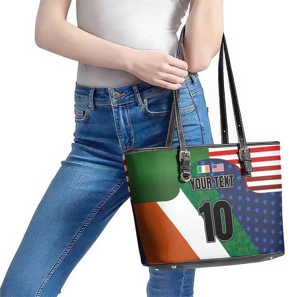 Custom Ireland and United States Leather Tote Bag Shamrocks and American Flag Style