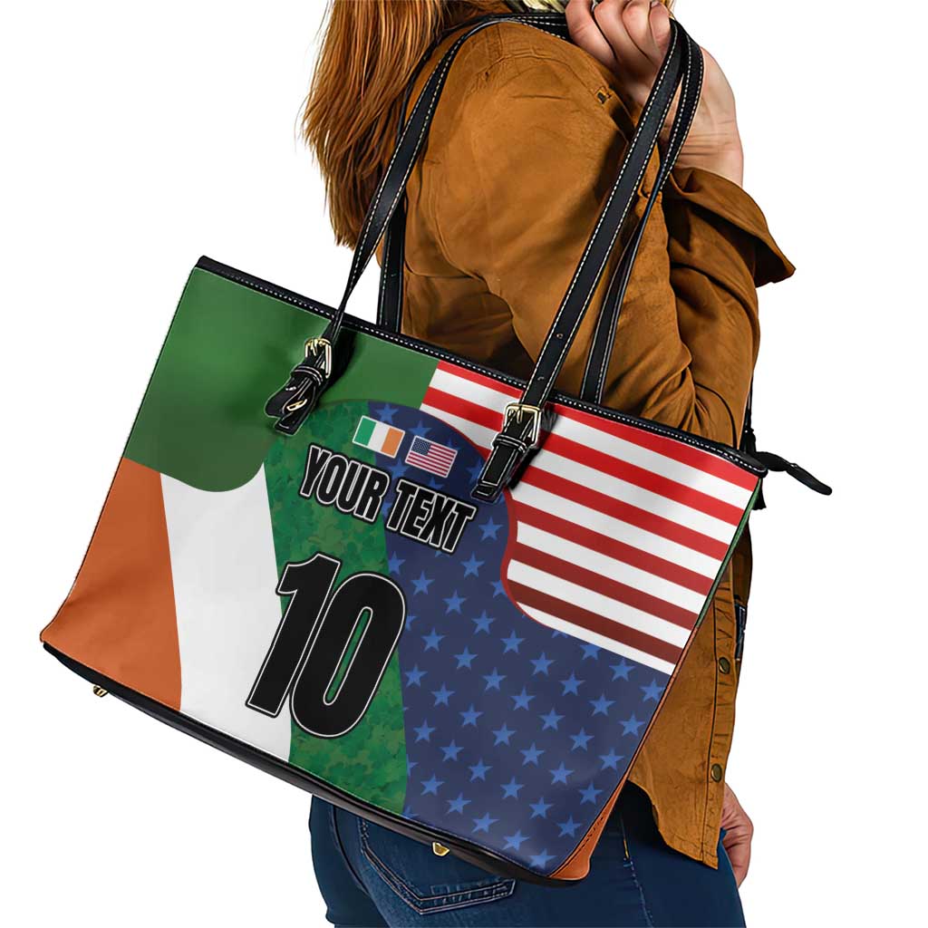 Custom Ireland and United States Leather Tote Bag Shamrocks and American Flag Style