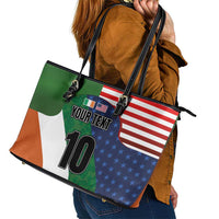 Custom Ireland and United States Leather Tote Bag Shamrocks and American Flag Style