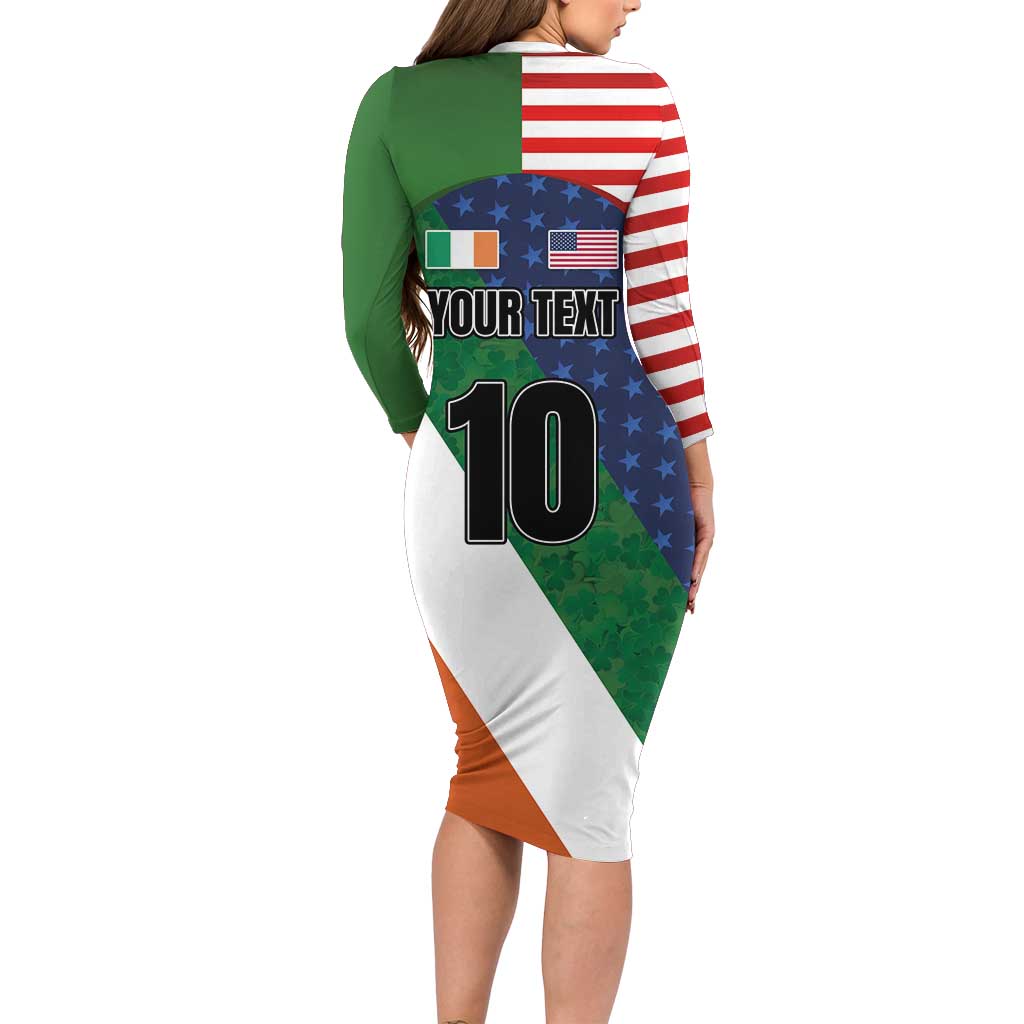 Custom Ireland and United States Long Sleeve Bodycon Dress Shamrocks and American Flag Style