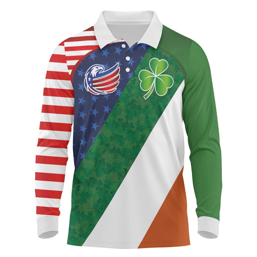 Custom Ireland and United States Long Sleeve Polo Shirt Shamrocks and American Flag Style