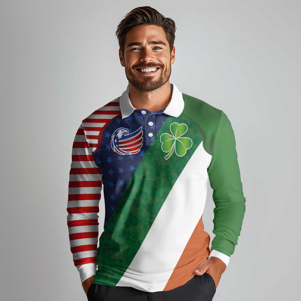 Custom Ireland and United States Long Sleeve Polo Shirt Shamrocks and American Flag Style
