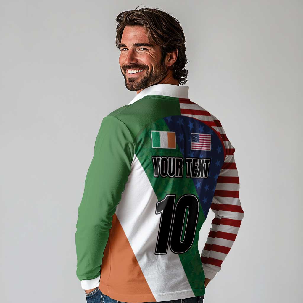 Custom Ireland and United States Long Sleeve Polo Shirt Shamrocks and American Flag Style