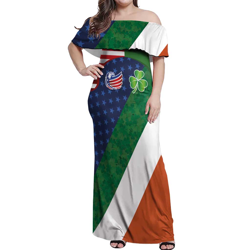 Custom Ireland and United States Off Shoulder Maxi Dress Shamrocks and American Flag Style