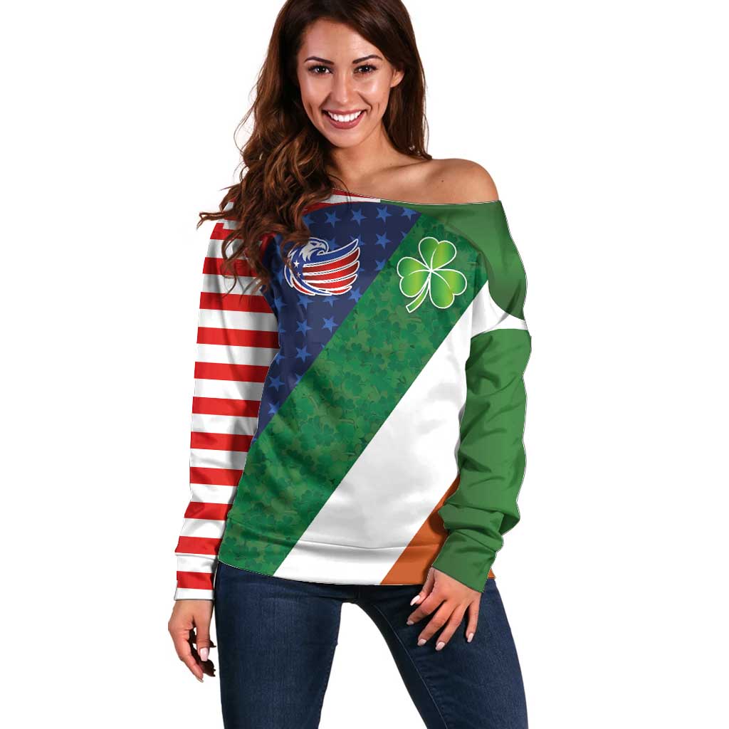 Custom Ireland and United States Off Shoulder Sweater Shamrocks and American Flag Style