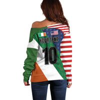 Custom Ireland and United States Off Shoulder Sweater Shamrocks and American Flag Style