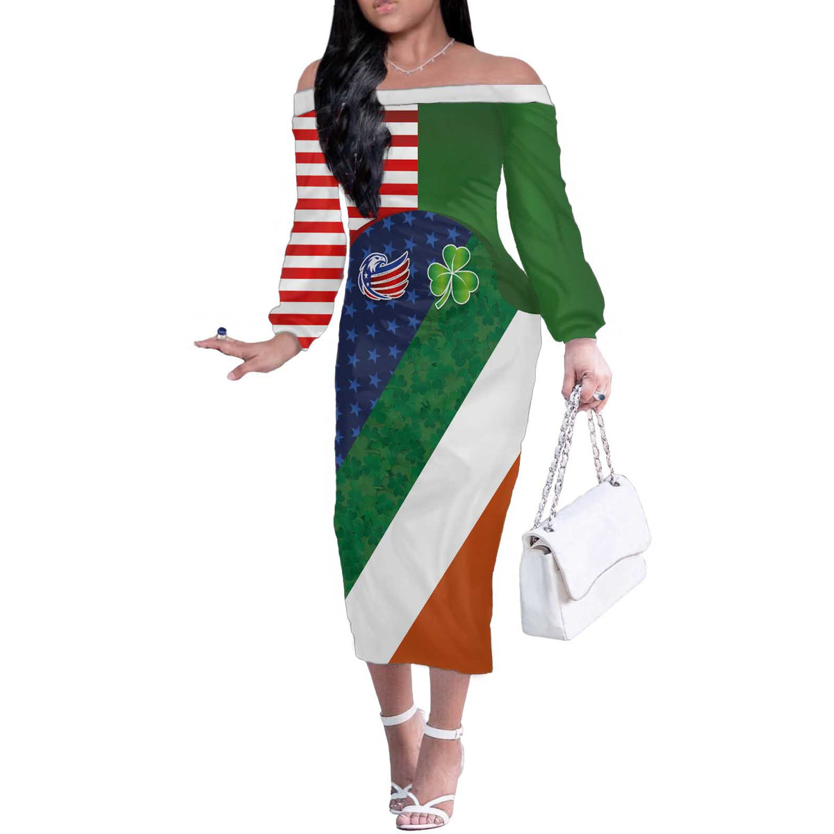 Custom Ireland and United States Off The Shoulder Long Sleeve Dress Shamrocks and American Flag Style