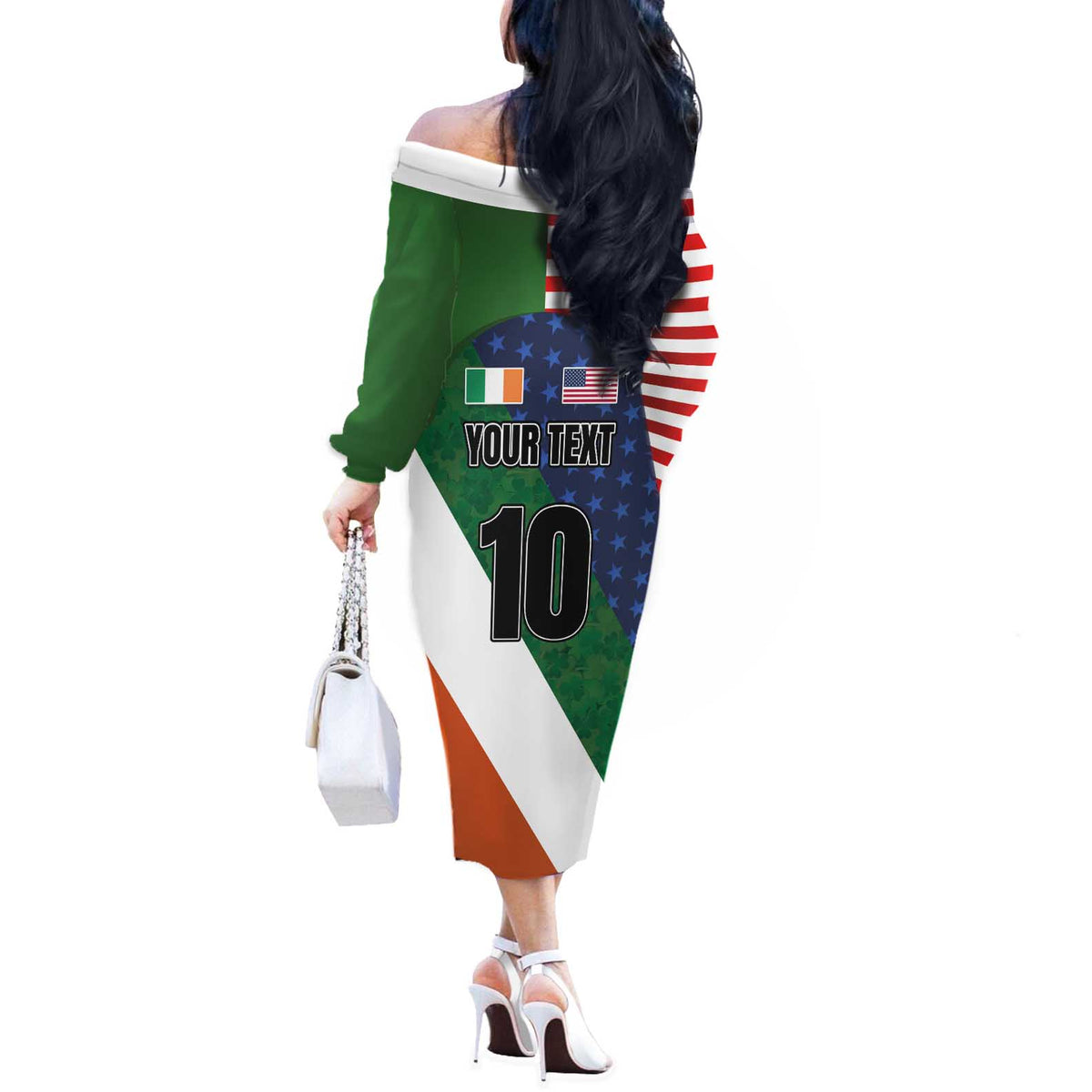 Custom Ireland and United States Off The Shoulder Long Sleeve Dress Shamrocks and American Flag Style