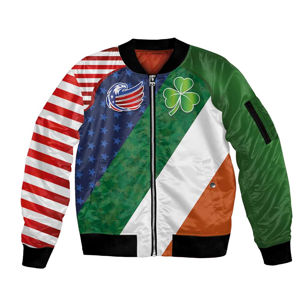 Custom Ireland and United States Sleeve Zip Bomber Jacket Shamrocks and American Flag Style
