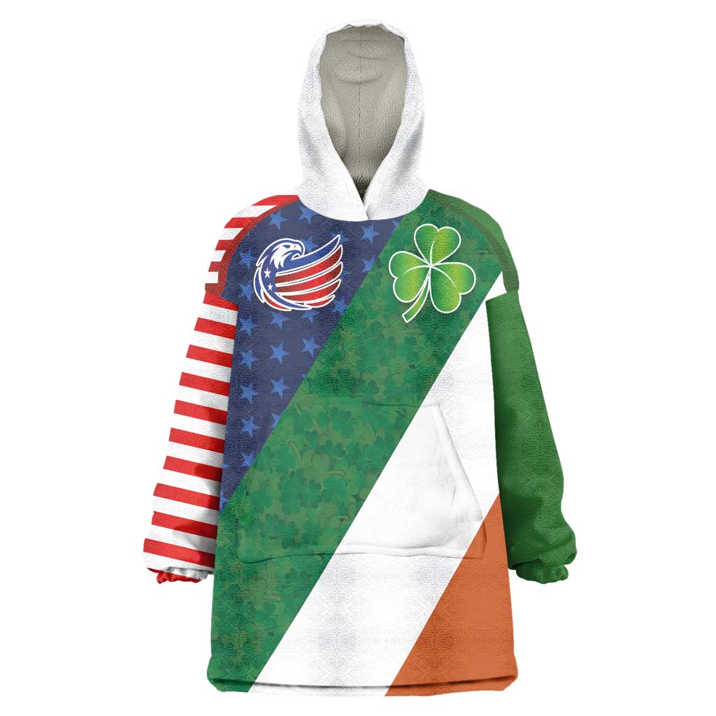 Custom Ireland and United States Wearable Blanket Hoodie Shamrocks and American Flag Style