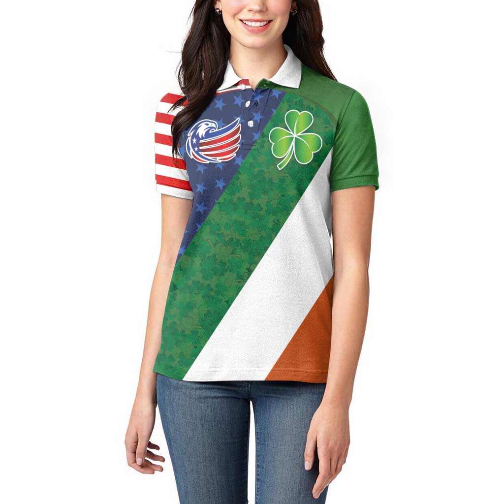 Custom Ireland and United States Women Polo Shirt Shamrocks and American Flag Style
