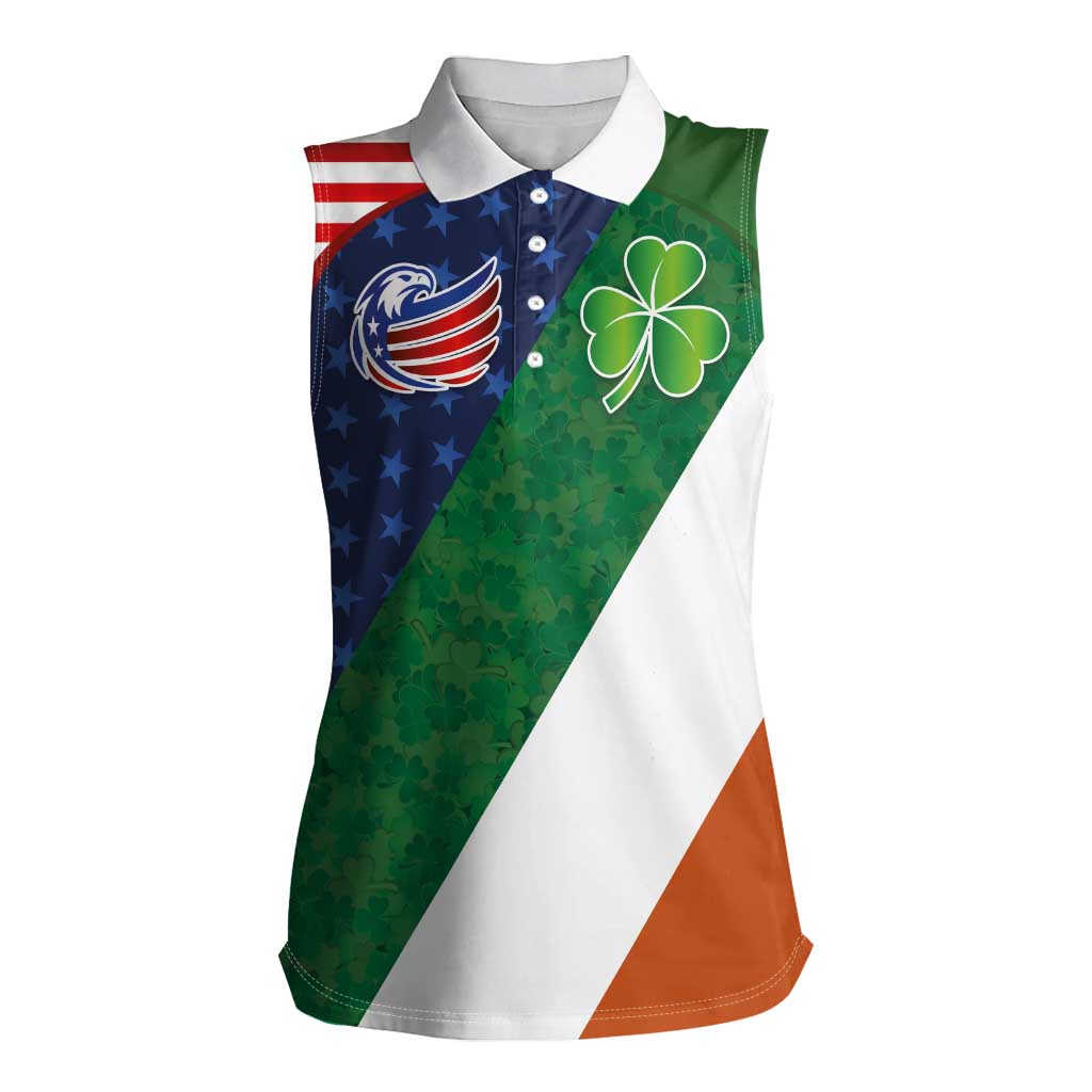 Custom Ireland and United States Women Sleeveless Polo Shirt Shamrocks and American Flag Style