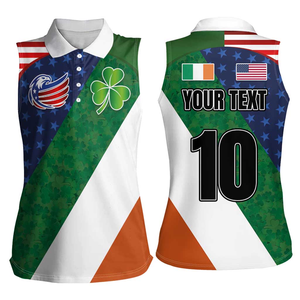 Custom Ireland and United States Women Sleeveless Polo Shirt Shamrocks and American Flag Style