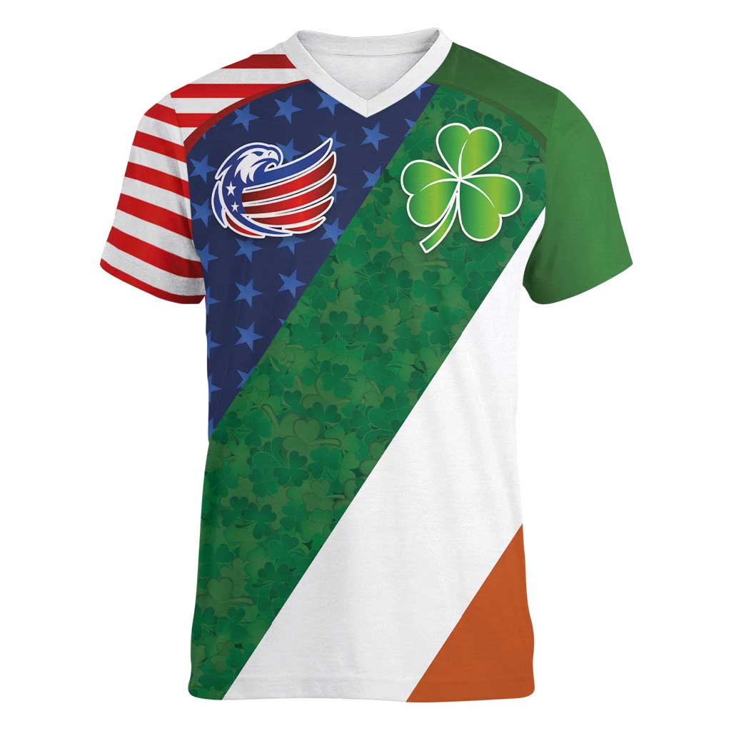 Custom Ireland and United States Women V-Neck T-Shirt Shamrocks and American Flag Style