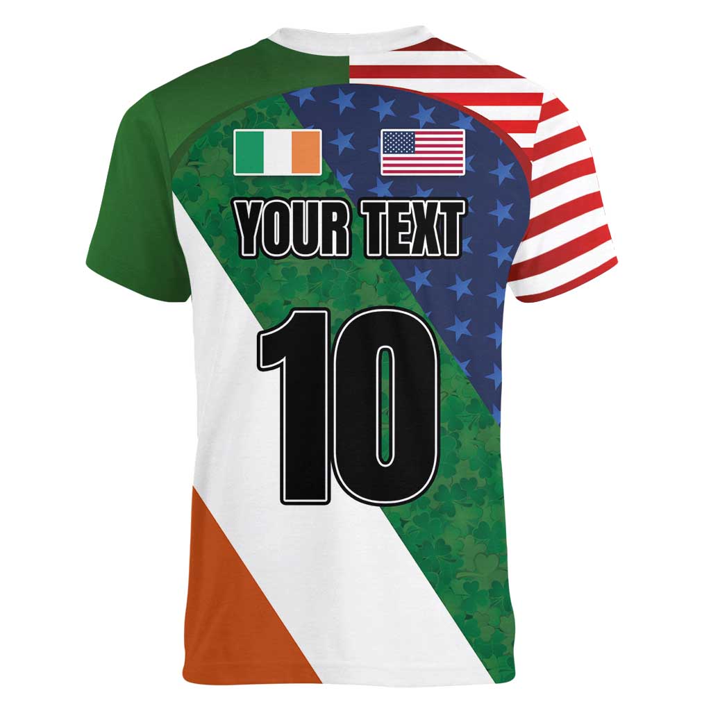 Custom Ireland and United States Women V-Neck T-Shirt Shamrocks and American Flag Style