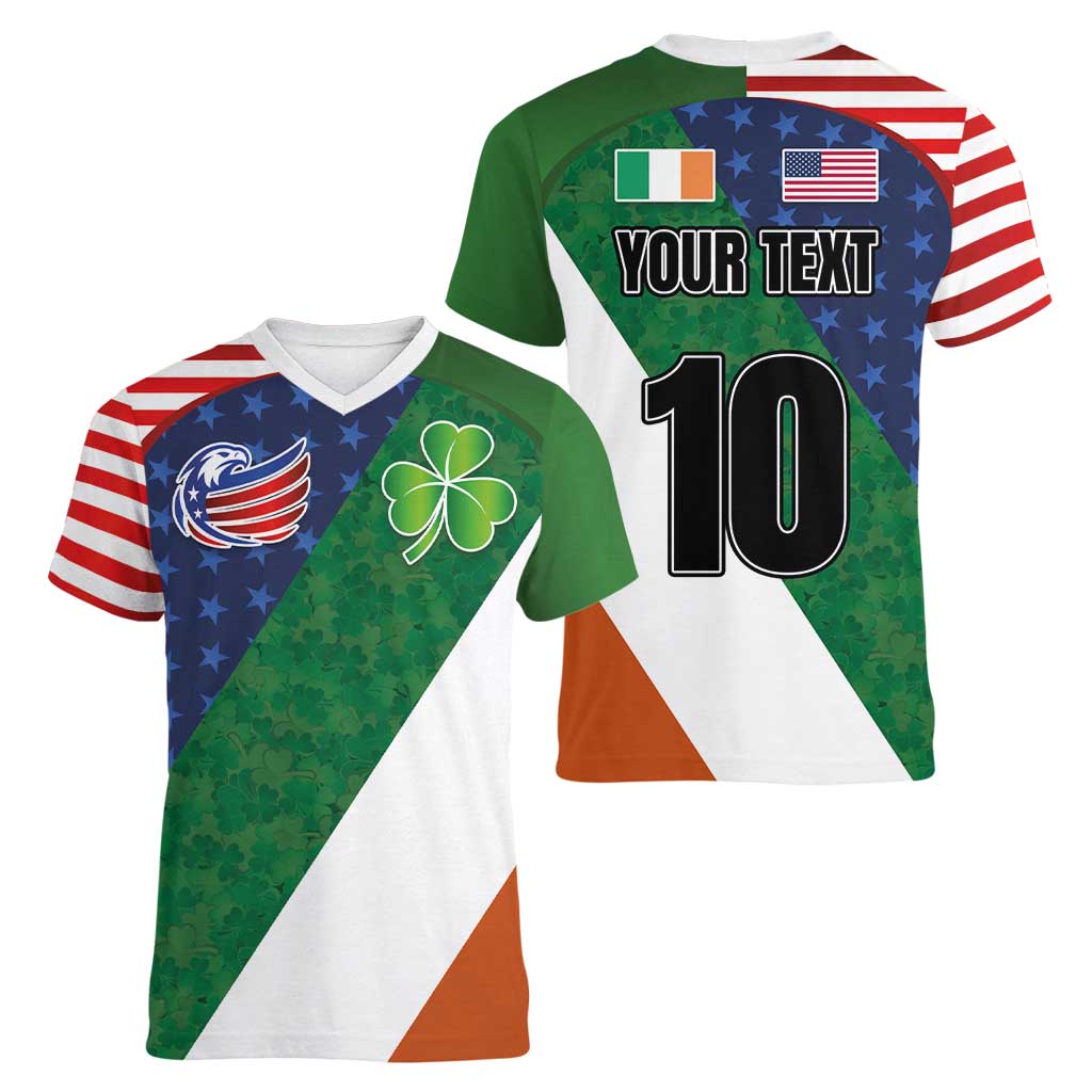 Custom Ireland and United States Women V-Neck T-Shirt Shamrocks and American Flag Style