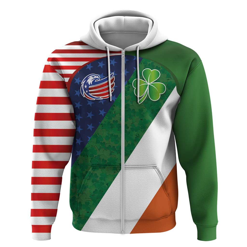 Custom Ireland and United States Zip Hoodie Shamrocks and American Flag Style