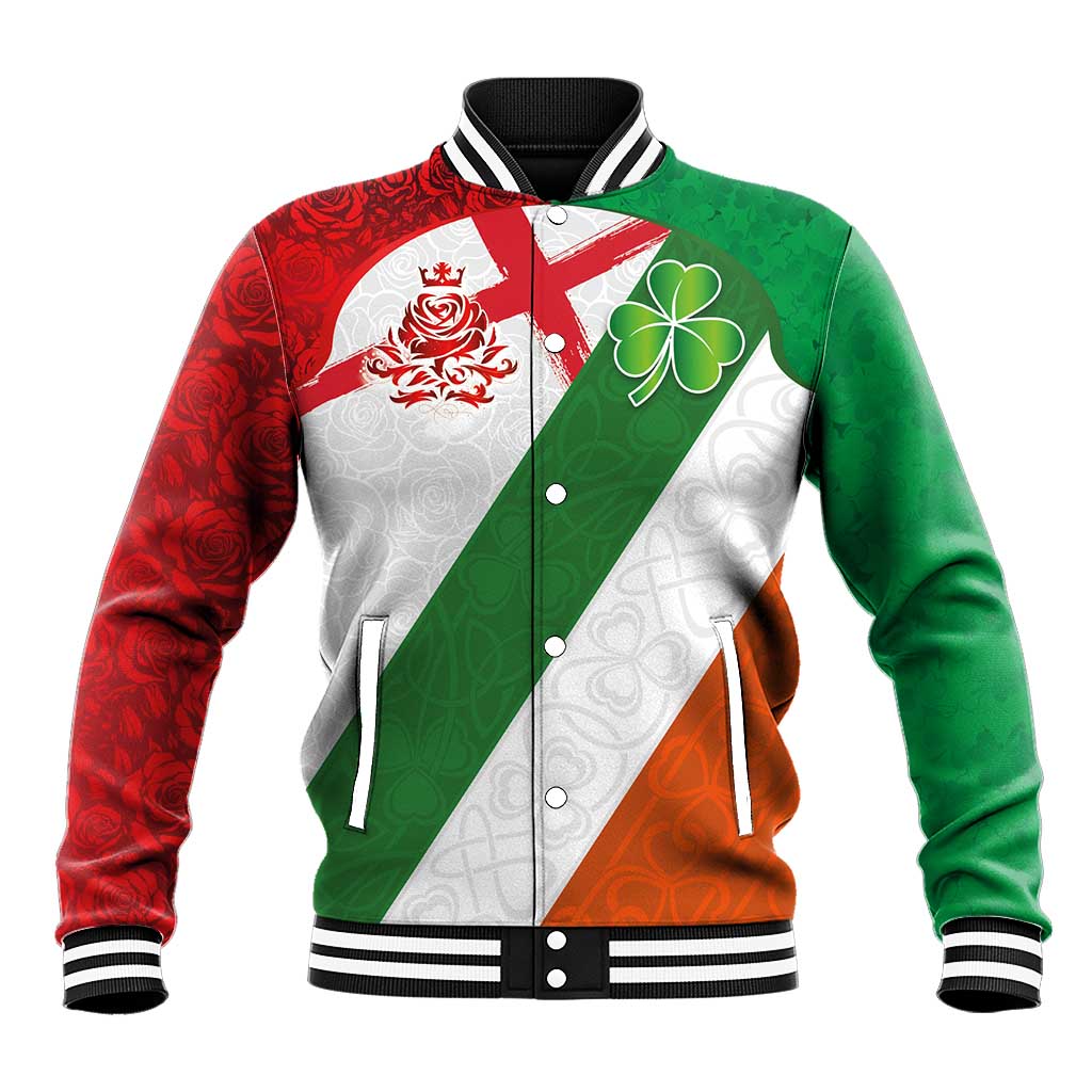 Custom Ireland and England Baseball Jacket Celtic Shanrocks and Roses with Red Cross