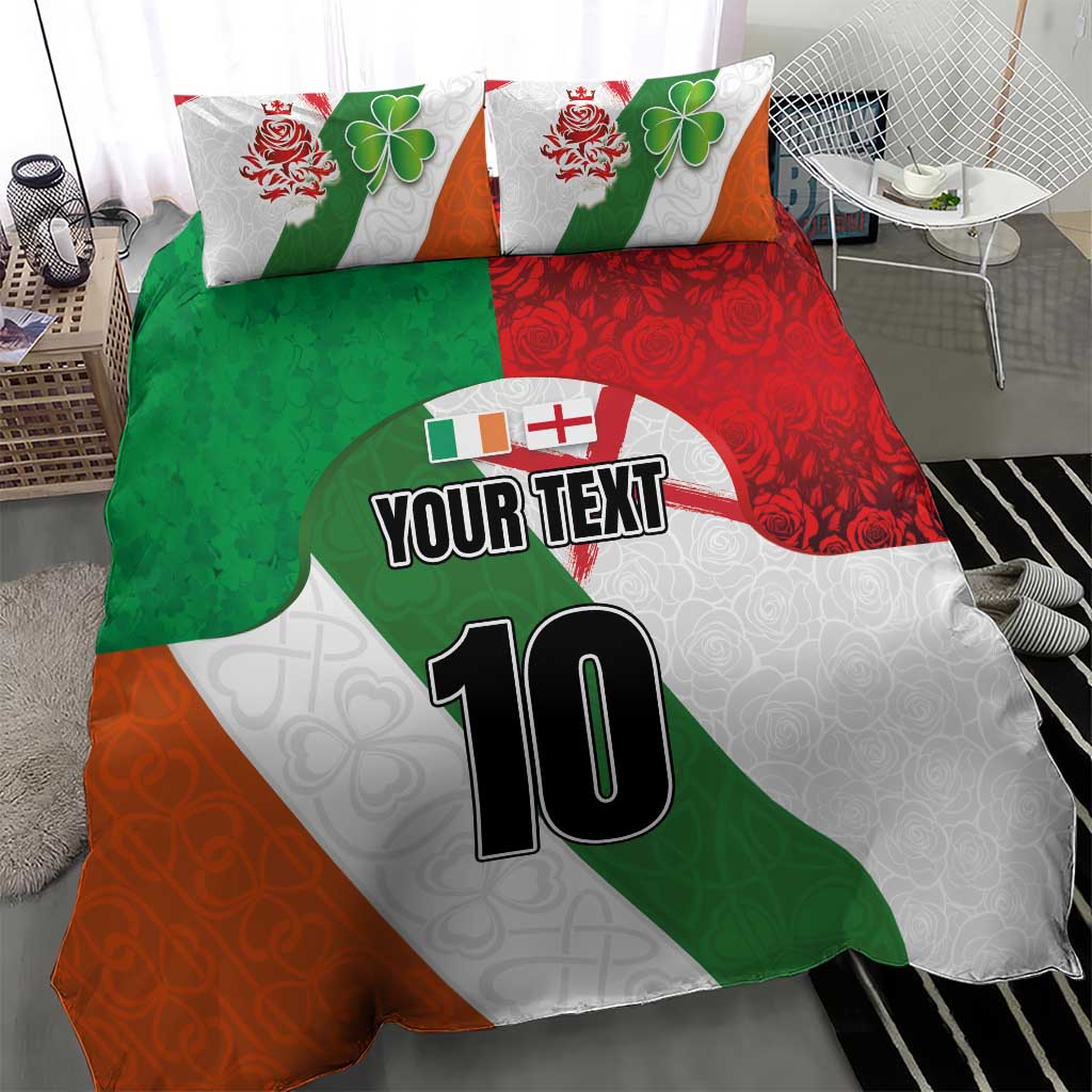 Custom Ireland and England Bedding Set Celtic Shanrocks and Roses with Red Cross