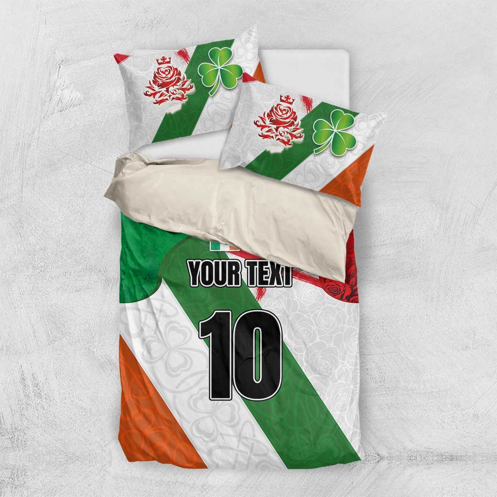 Custom Ireland and England Bedding Set Celtic Shanrocks and Roses with Red Cross