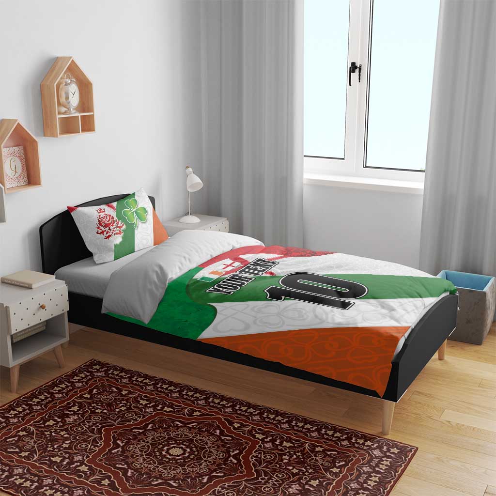 Custom Ireland and England Bedding Set Celtic Shanrocks and Roses with Red Cross