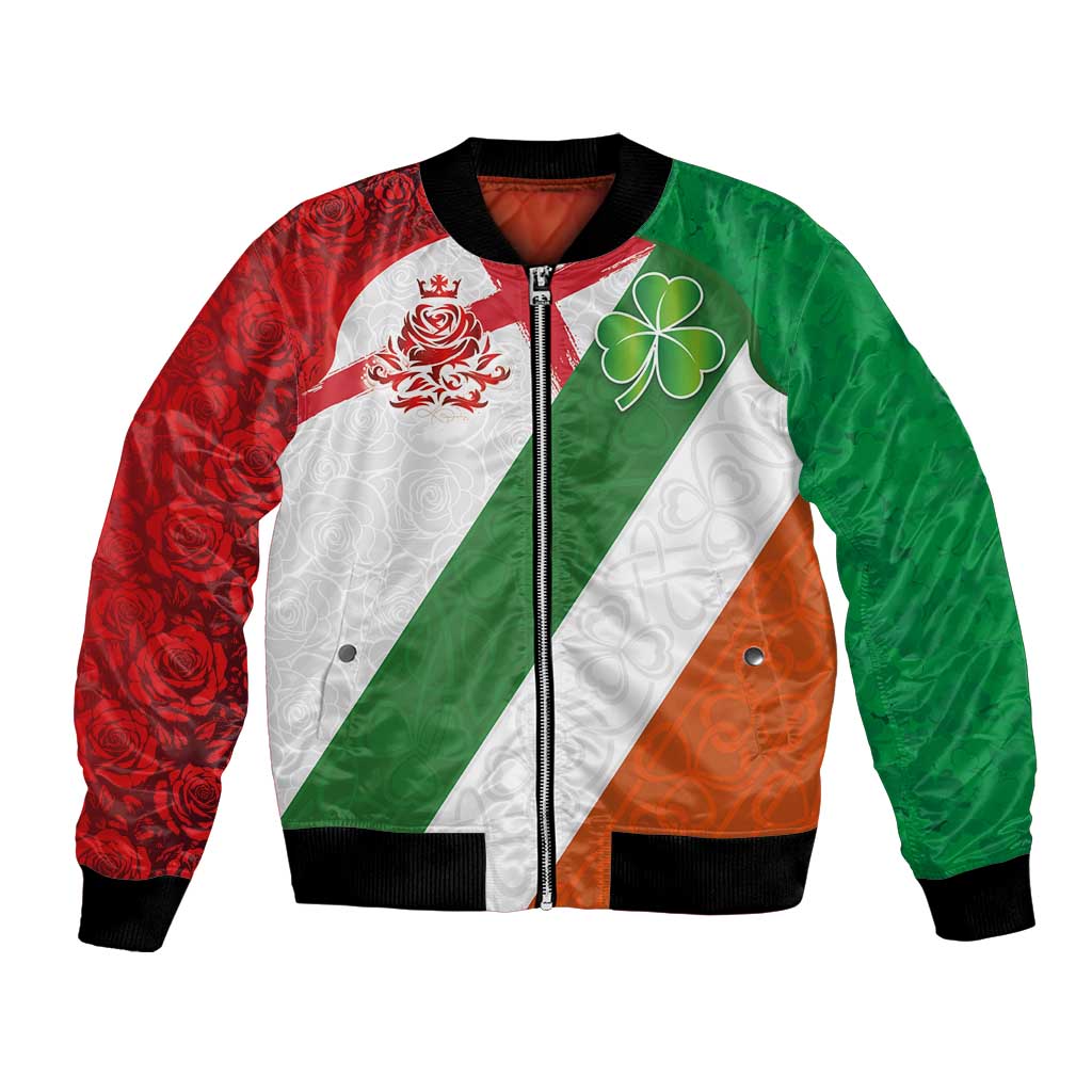 Custom Ireland and England Bomber Jacket Celtic Shanrocks and Roses with Red Cross
