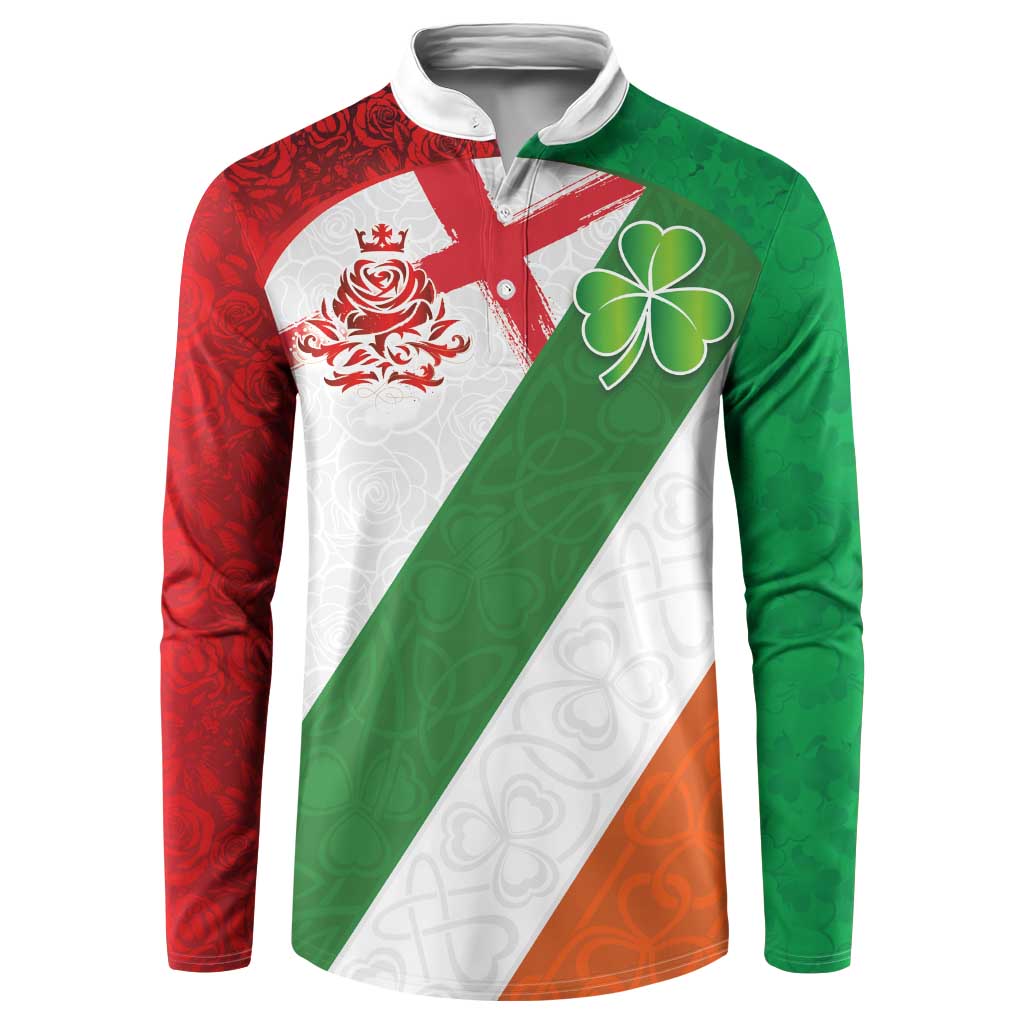 Custom Ireland and England Button Sweatshirt Celtic Shanrocks and Roses with Red Cross