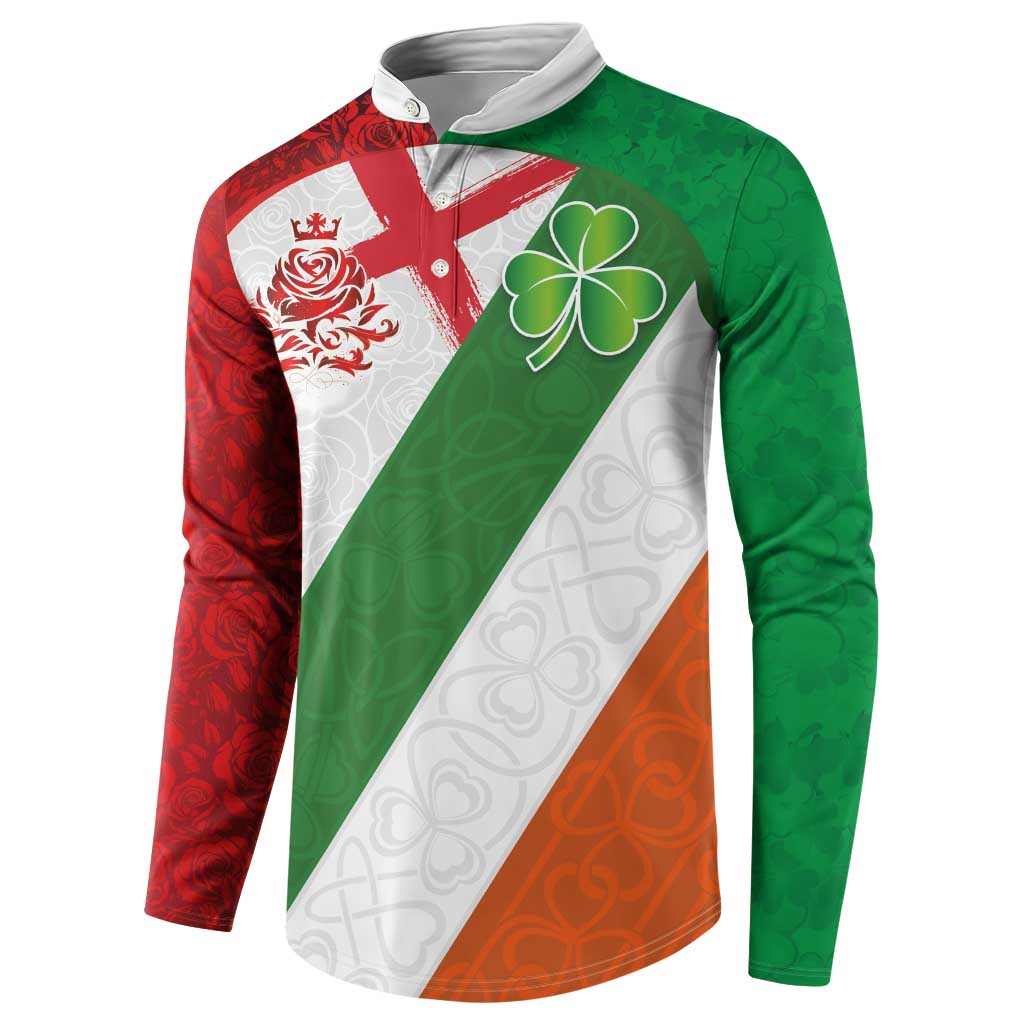 Custom Ireland and England Button Sweatshirt Celtic Shanrocks and Roses with Red Cross