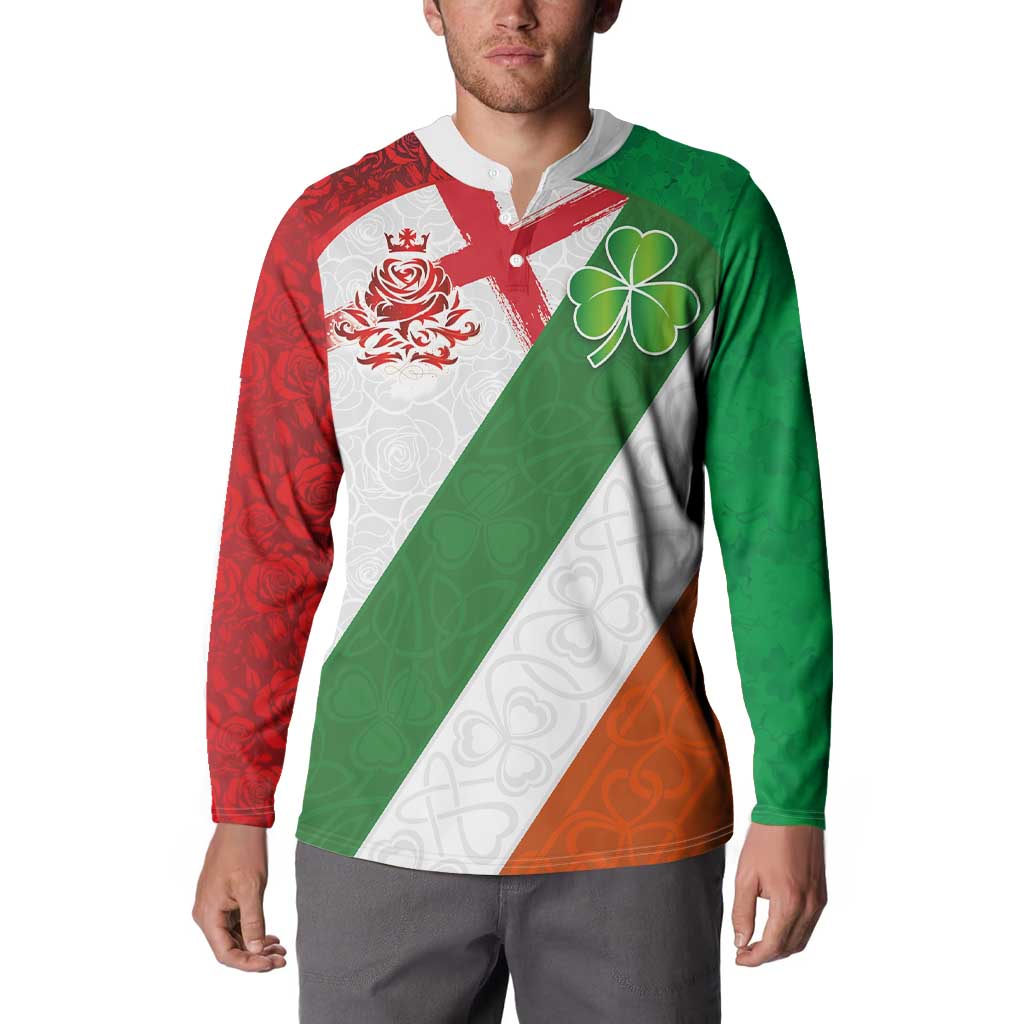 Custom Ireland and England Button Sweatshirt Celtic Shanrocks and Roses with Red Cross