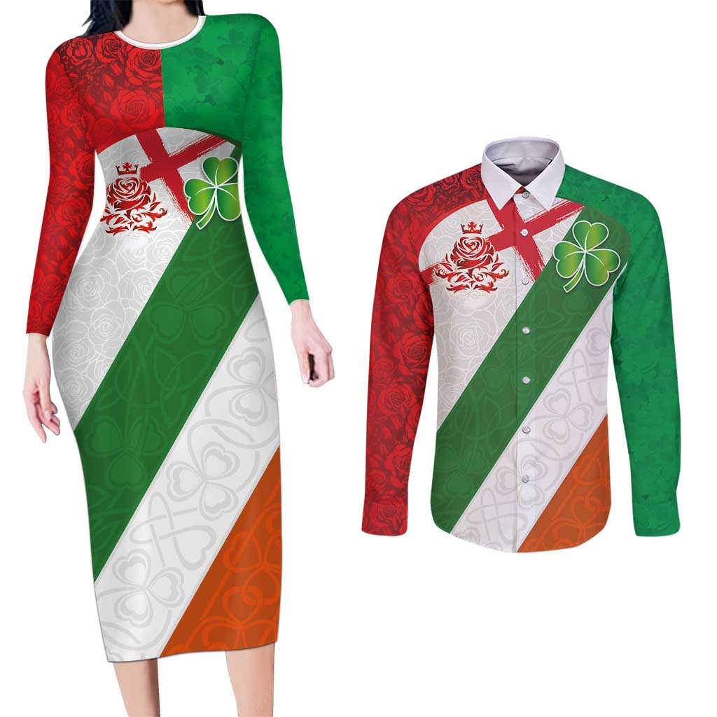 Custom Ireland and England Couples Matching Long Sleeve Bodycon Dress and Long Sleeve Button Shirt Celtic Shanrocks and Roses with Red Cross