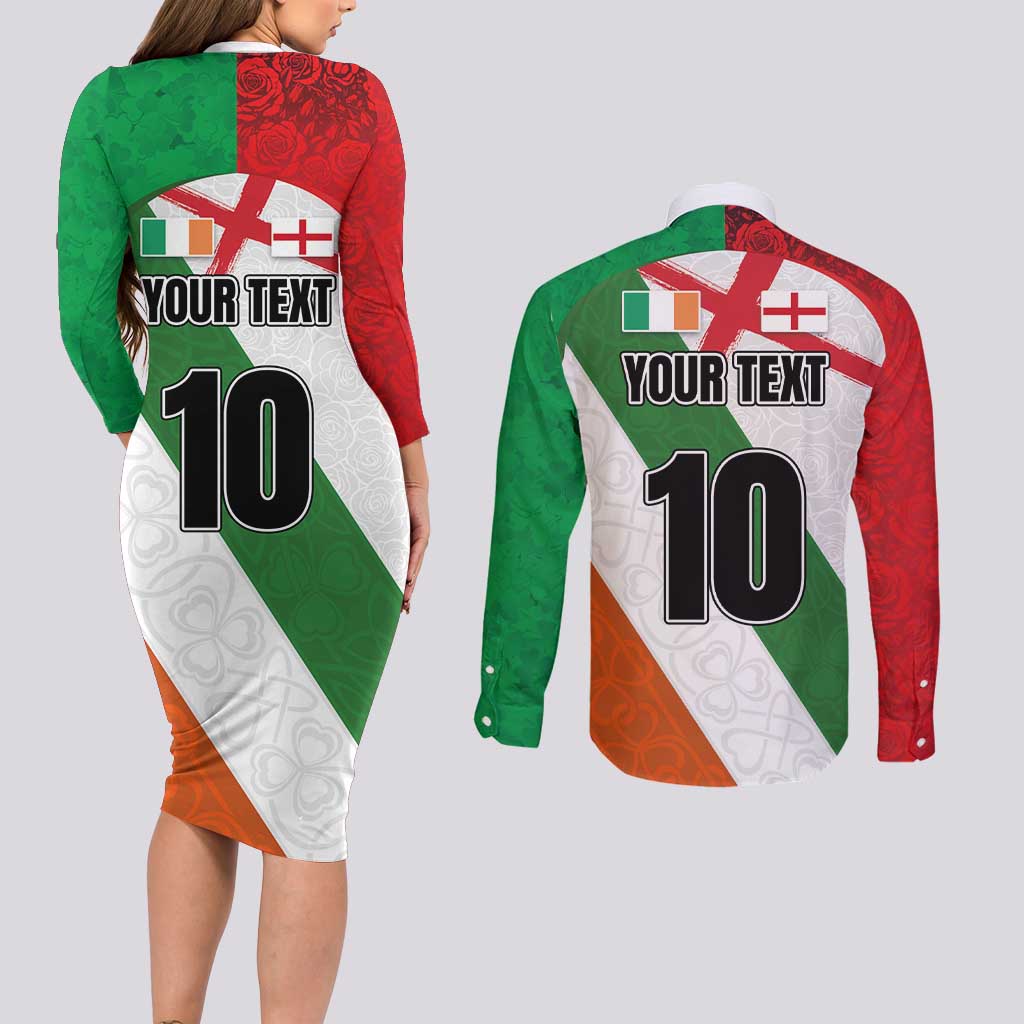 Custom Ireland and England Couples Matching Long Sleeve Bodycon Dress and Long Sleeve Button Shirt Celtic Shanrocks and Roses with Red Cross