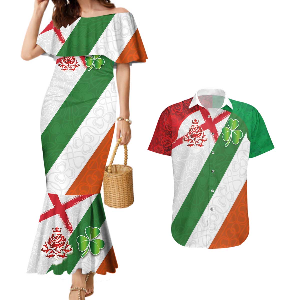 Custom Ireland and England Couples Matching Mermaid Dress and Hawaiian Shirt Celtic Shanrocks and Roses with Red Cross