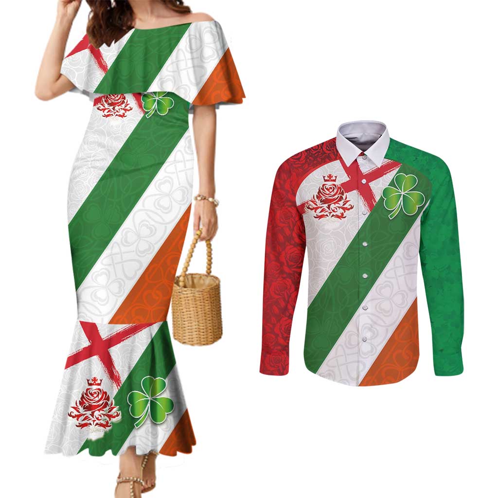 Custom Ireland and England Couples Matching Mermaid Dress and Long Sleeve Button Shirt Celtic Shanrocks and Roses with Red Cross