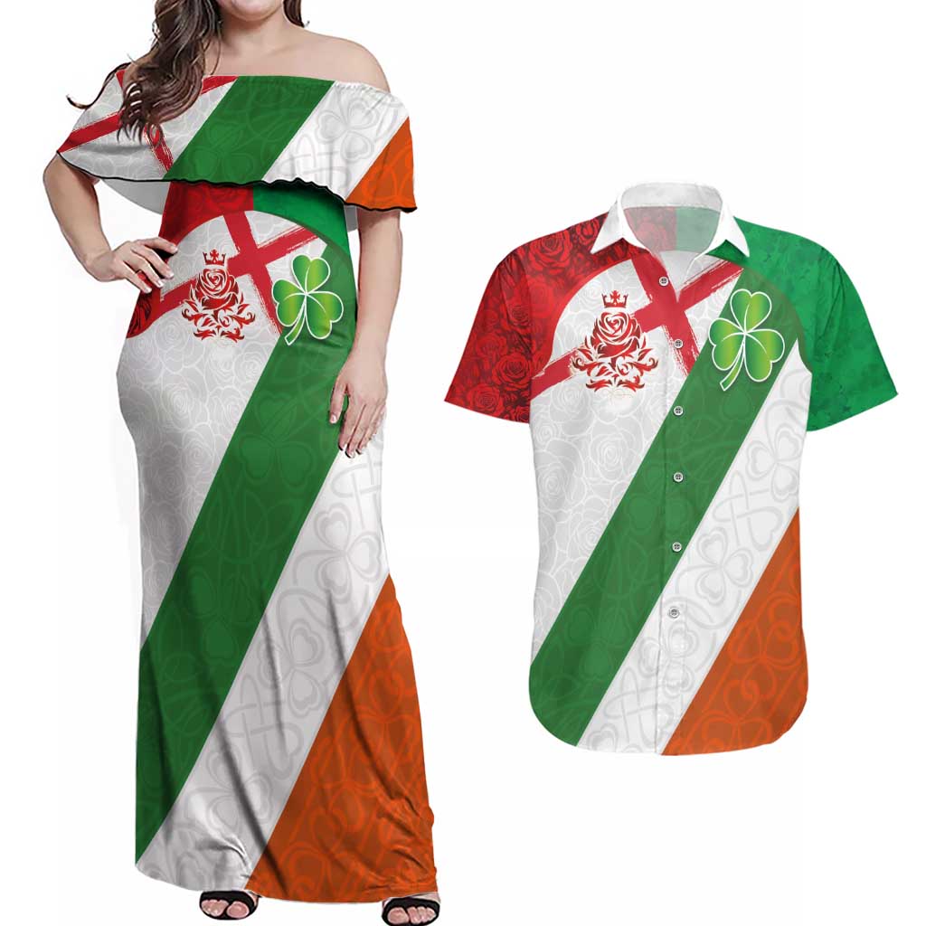 Custom Ireland and England Couples Matching Off Shoulder Maxi Dress and Hawaiian Shirt Celtic Shanrocks and Roses with Red Cross