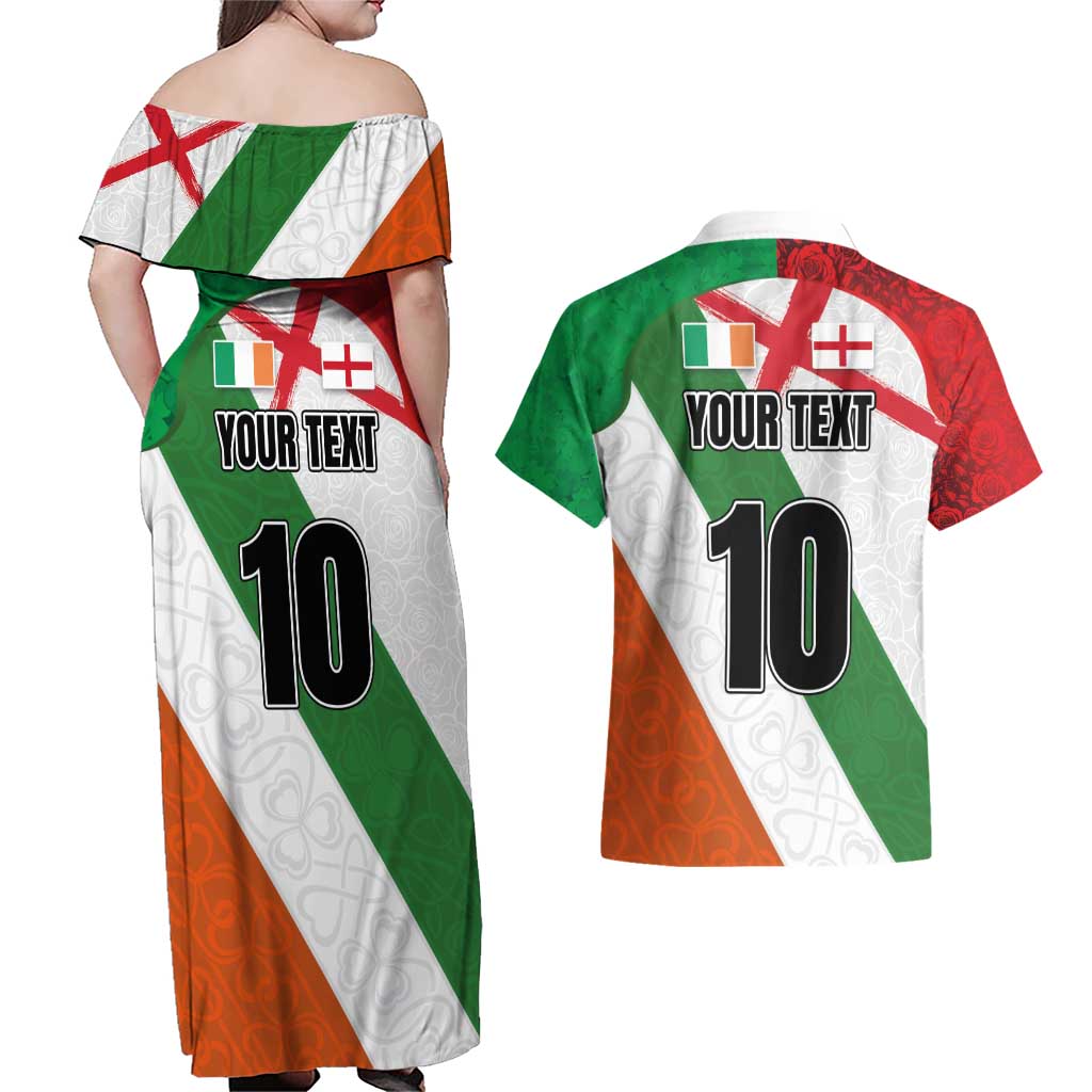 Custom Ireland and England Couples Matching Off Shoulder Maxi Dress and Hawaiian Shirt Celtic Shanrocks and Roses with Red Cross