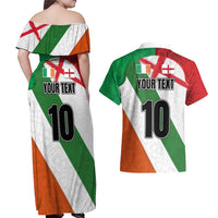 Custom Ireland and England Couples Matching Off Shoulder Maxi Dress and Hawaiian Shirt Celtic Shanrocks and Roses with Red Cross