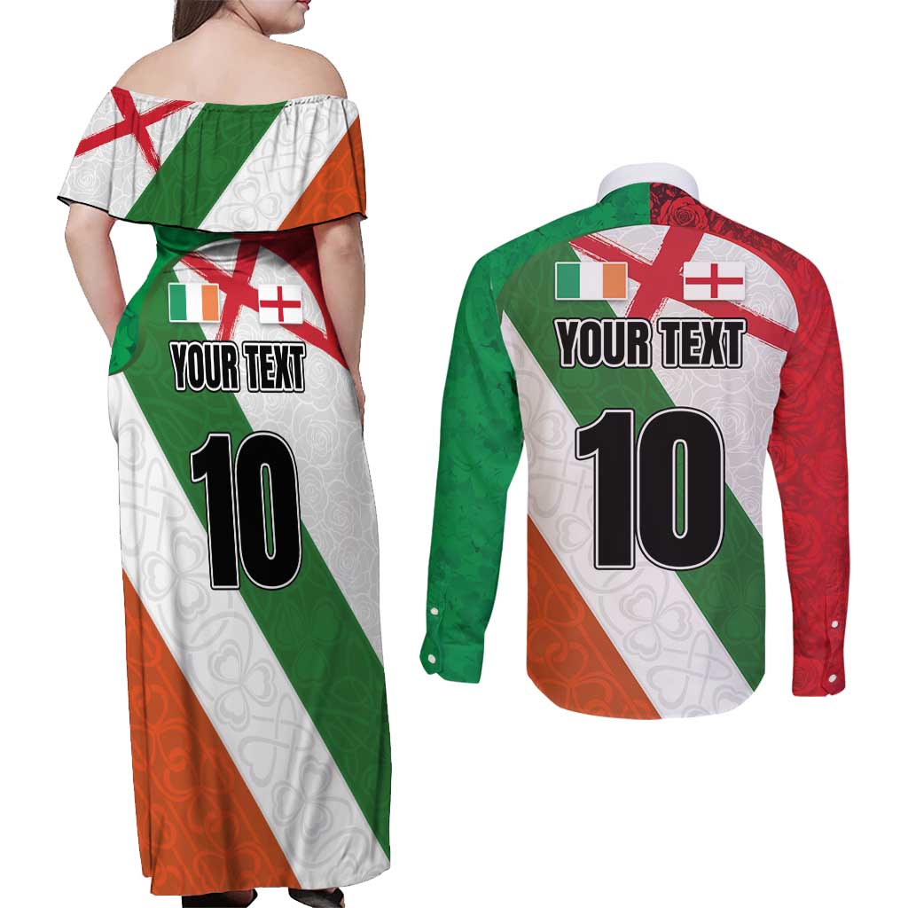 Custom Ireland and England Couples Matching Off Shoulder Maxi Dress and Long Sleeve Button Shirt Celtic Shanrocks and Roses with Red Cross