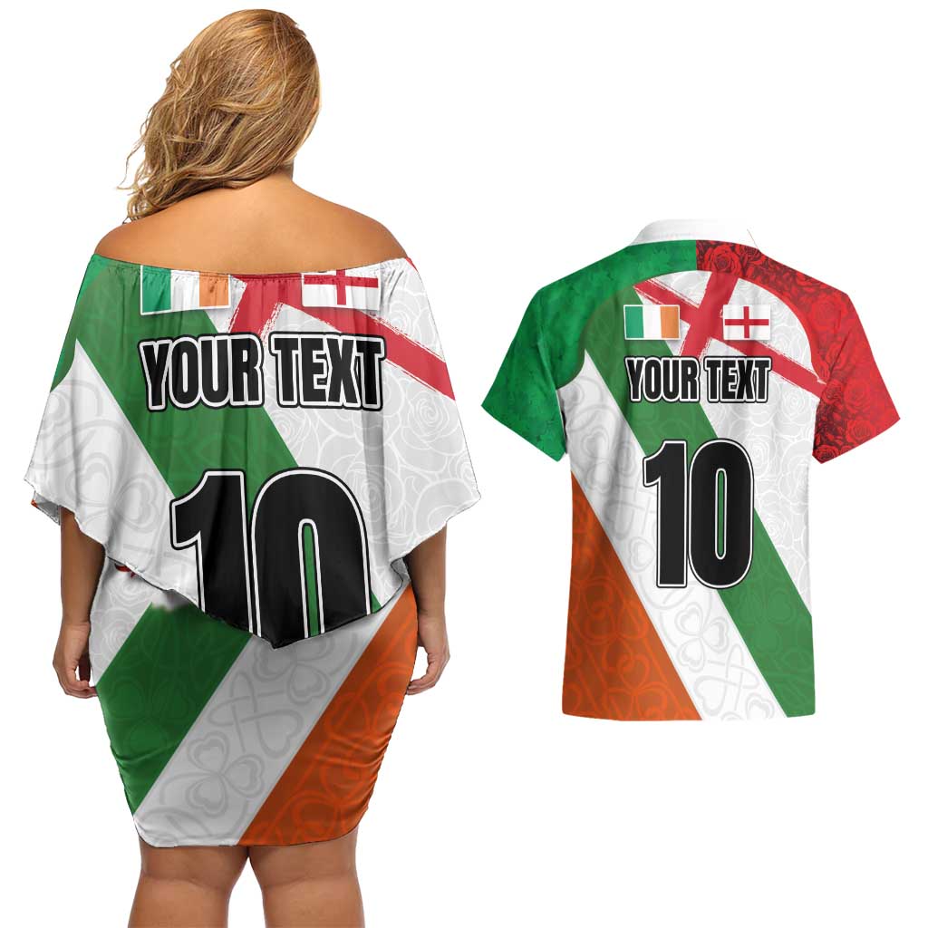 Custom Ireland and England Couples Matching Off Shoulder Short Dress and Hawaiian Shirt Celtic Shanrocks and Roses with Red Cross