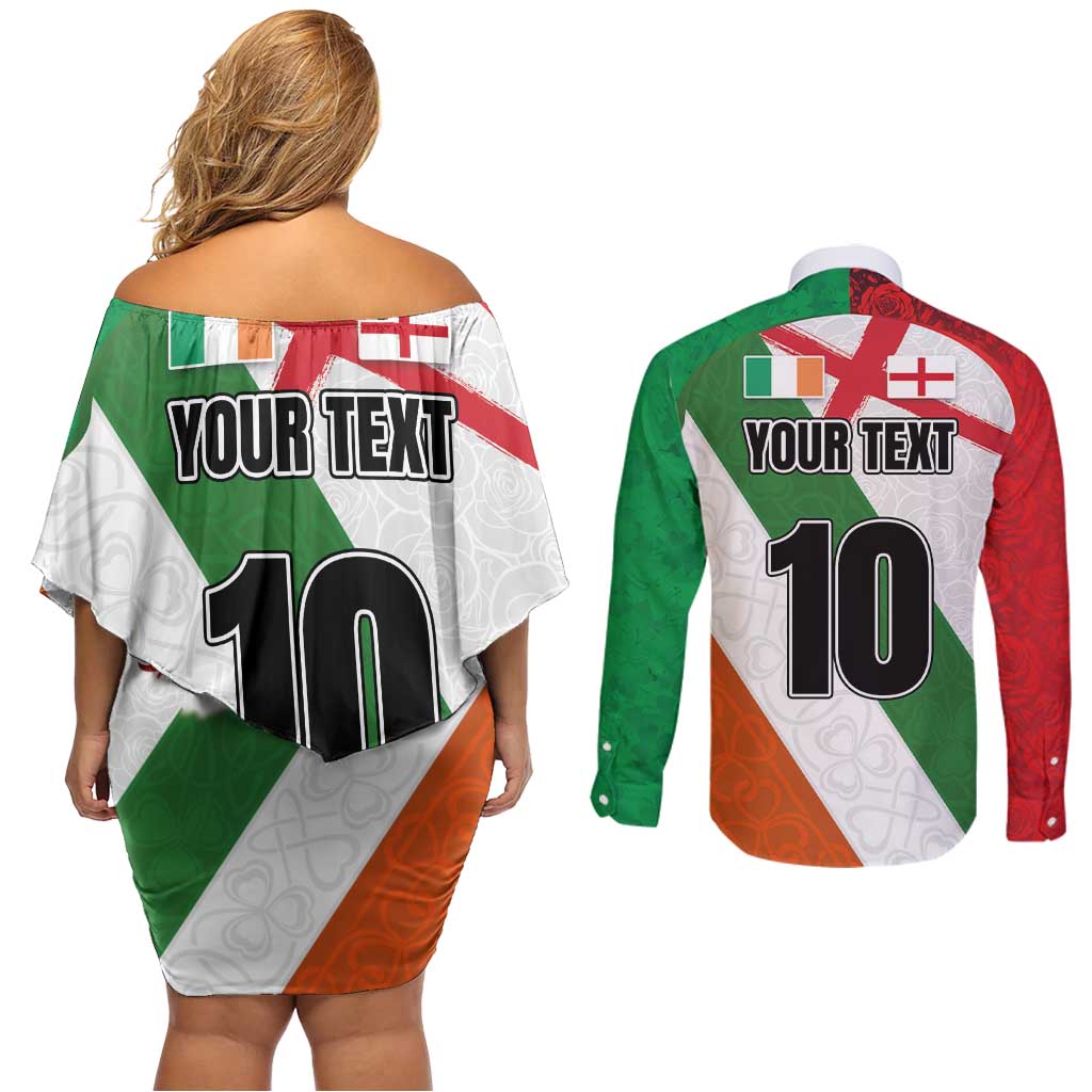 Custom Ireland and England Couples Matching Off Shoulder Short Dress and Long Sleeve Button Shirt Celtic Shanrocks and Roses with Red Cross