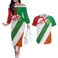 Custom Ireland and England Couples Matching Off The Shoulder Long Sleeve Dress and Hawaiian Shirt Celtic Shanrocks and Roses with Red Cross