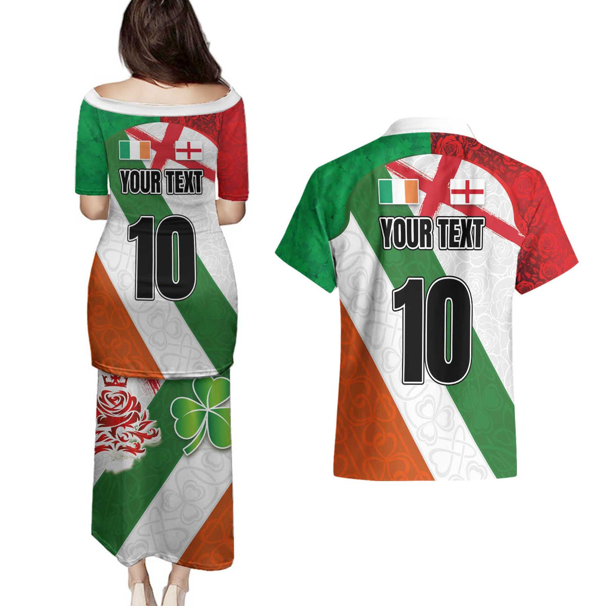 Custom Ireland and England Couples Matching Puletasi and Hawaiian Shirt Celtic Shanrocks and Roses with Red Cross