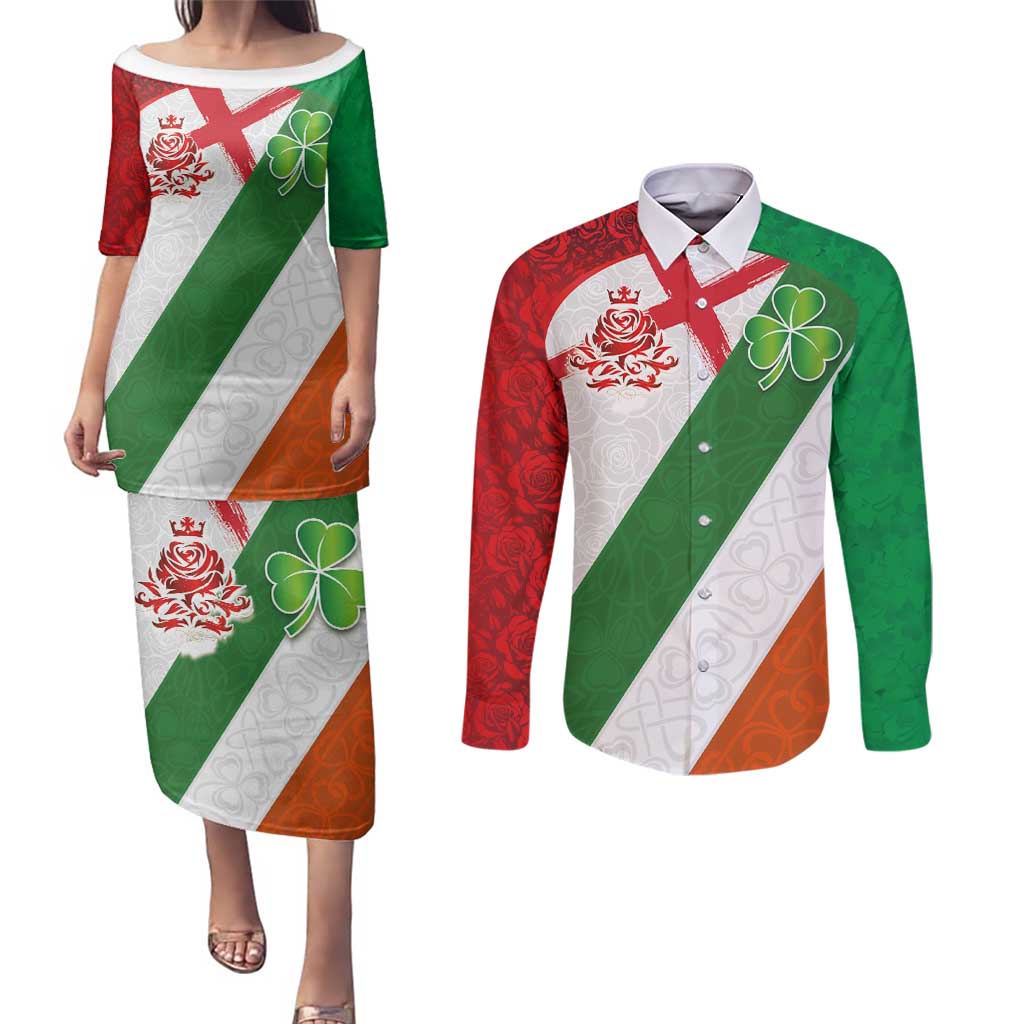 Custom Ireland and England Couples Matching Puletasi and Long Sleeve Button Shirt Celtic Shanrocks and Roses with Red Cross