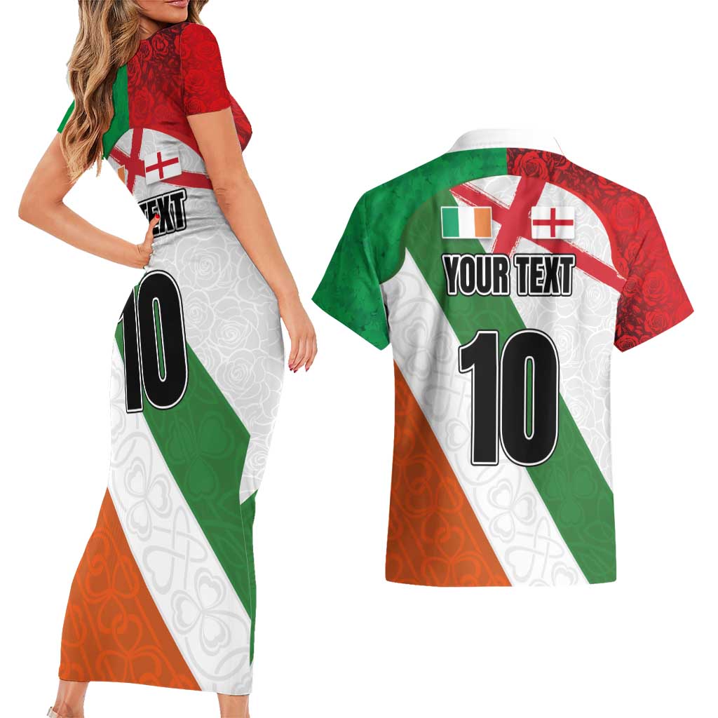 Custom Ireland and England Couples Matching Short Sleeve Bodycon Dress and Hawaiian Shirt Celtic Shanrocks and Roses with Red Cross