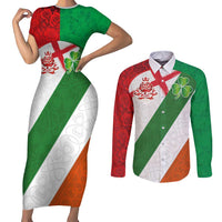 Custom Ireland and England Couples Matching Short Sleeve Bodycon Dress and Long Sleeve Button Shirt Celtic Shanrocks and Roses with Red Cross