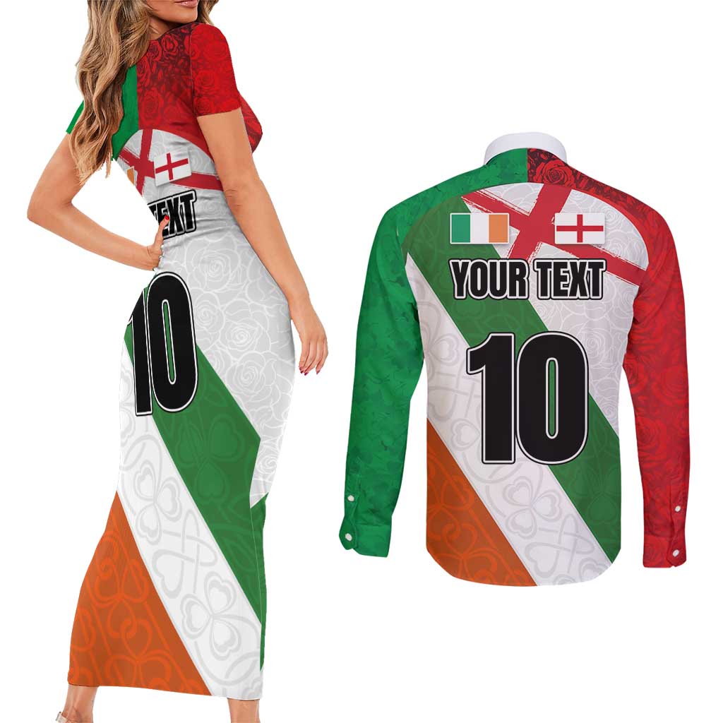 Custom Ireland and England Couples Matching Short Sleeve Bodycon Dress and Long Sleeve Button Shirt Celtic Shanrocks and Roses with Red Cross
