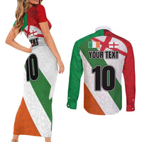 Custom Ireland and England Couples Matching Short Sleeve Bodycon Dress and Long Sleeve Button Shirt Celtic Shanrocks and Roses with Red Cross