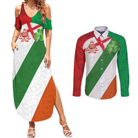 Custom Ireland and England Couples Matching Summer Maxi Dress and Long Sleeve Button Shirt Celtic Shanrocks and Roses with Red Cross